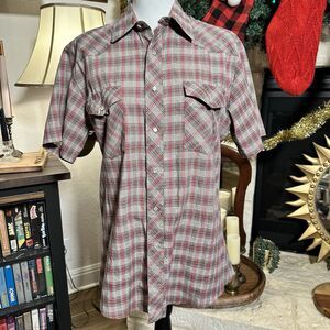 Vintage Wrangler Pearl Snap Western Shirt Red Plaid Short Sleeve Medium
